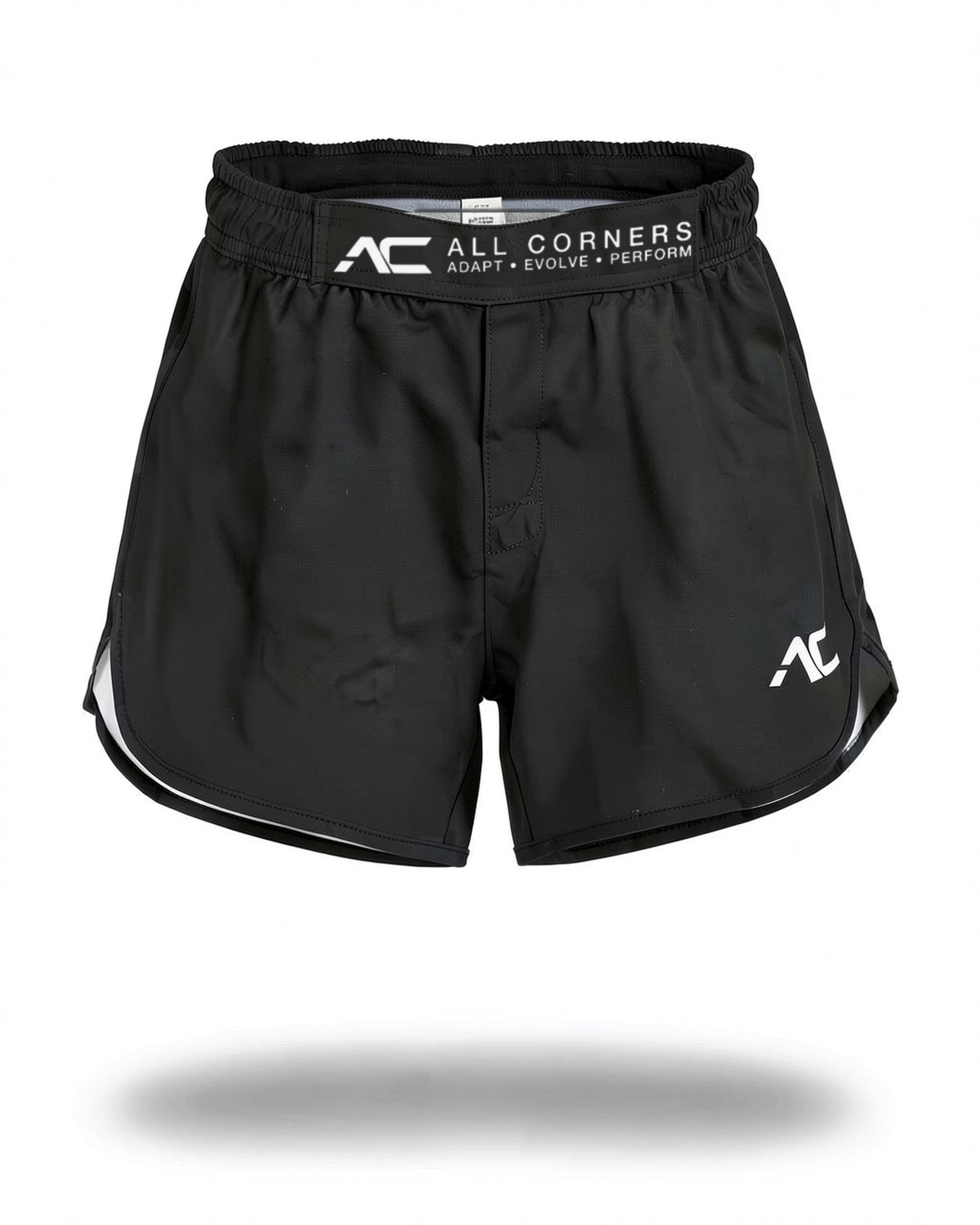 ALL CORNERS Women's Shorts in black, front view on an invisible mannequin — branded ADAPT • EVOLVE • PERFORM waistband strap and white AC mark