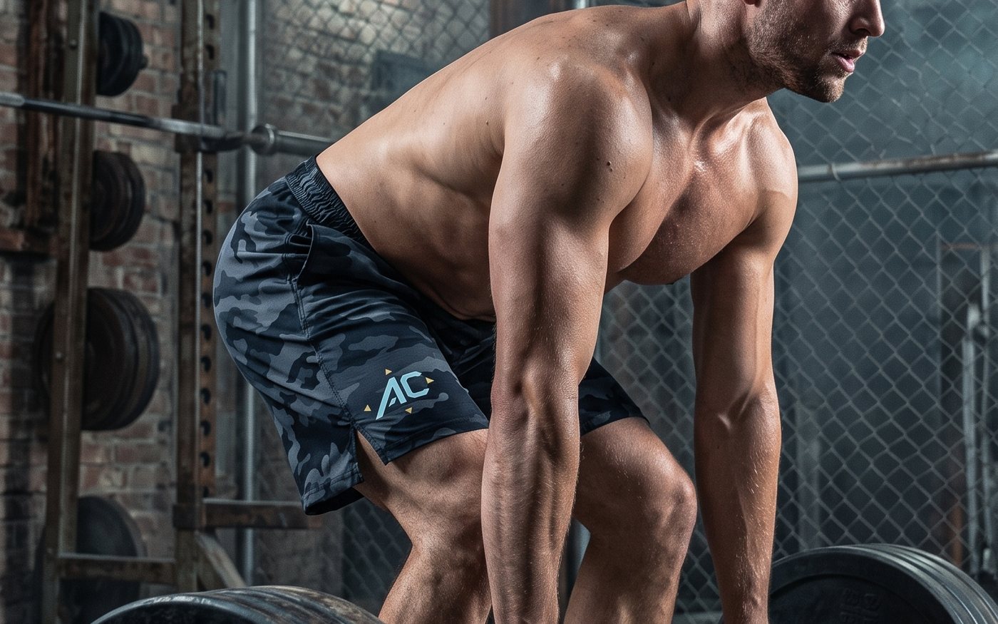 Athlete setting up over a loaded barbell in ALL CORNERS camo shorts