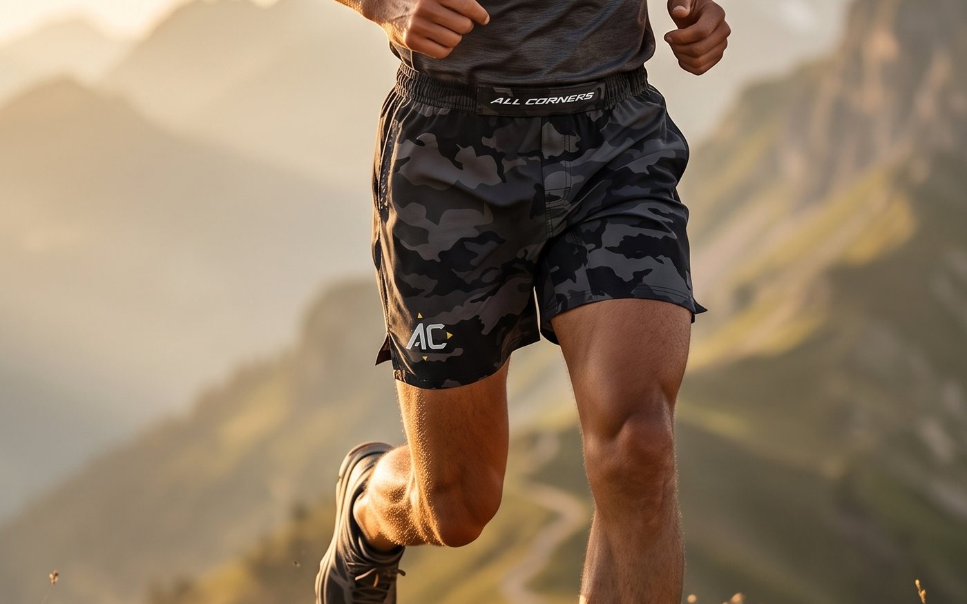 Trail runner climbing a mountain road in ALL CORNERS camo shorts at golden hour